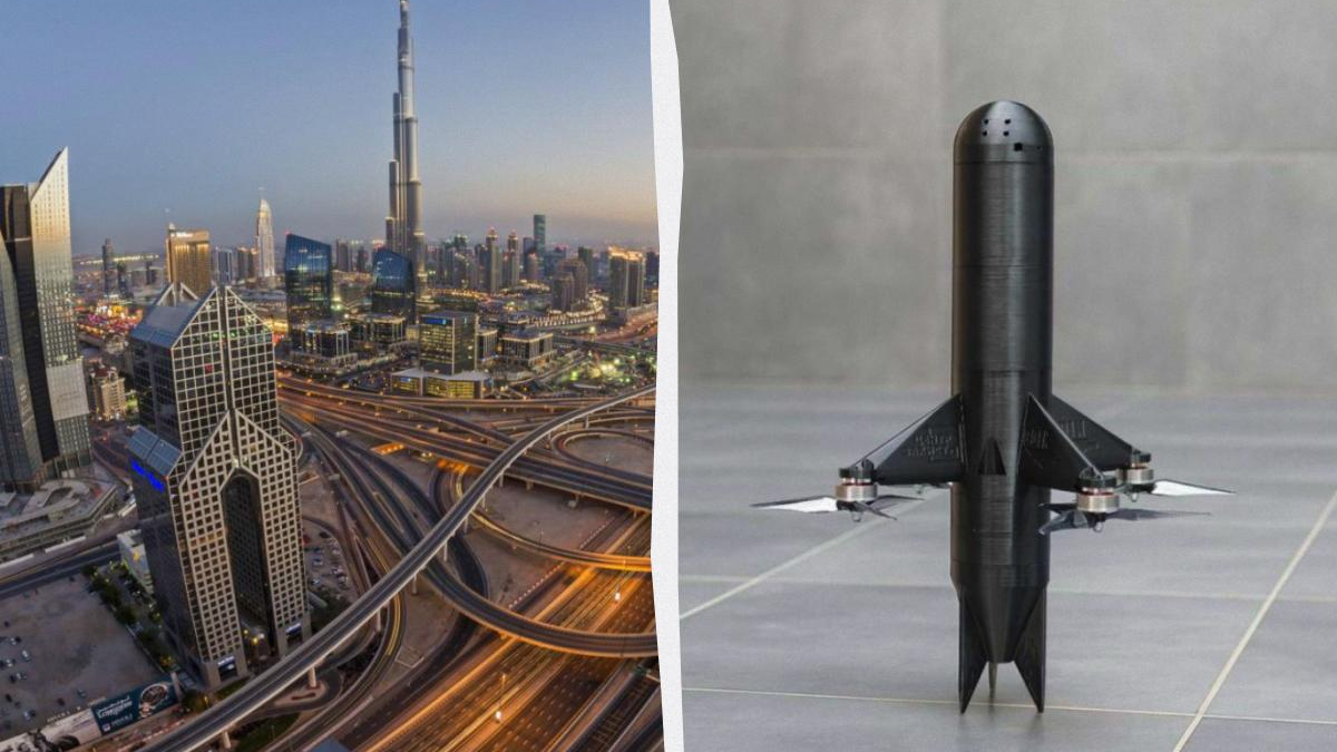 Split image: left shows a modern city skyline with complex elevated highways; right shows a black rocket-like drone with small wings standing upright.