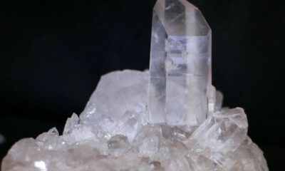 Clear quartz crystal standing upright on a bed of smaller crystals against a black background.