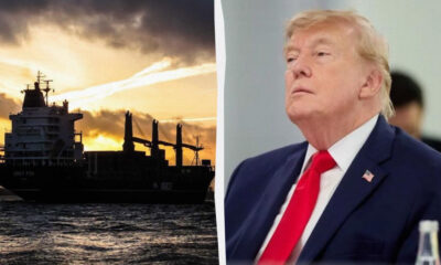 Split image: a large cargo ship at sunset on the left and a man in a dark suit with a red tie on the right.