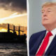 Split image: a large cargo ship at sunset on the left and a man in a dark suit with a red tie on the right.