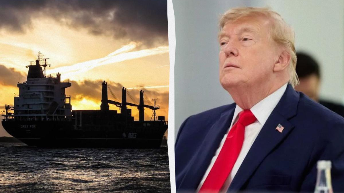 Split image: a large cargo ship at sunset on the left and a man in a dark suit with a red tie on the right.