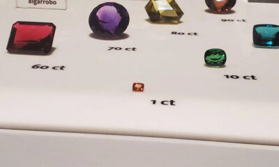 Tiny orange gemstone labeled 1 ct on a white display, surrounded by larger colored gems with price tags.