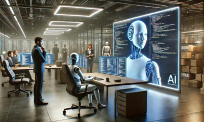 Futuristic control room with programmers at desks, a humanoid robot seated at a workstation, and a large AI display showing a robotic head and code.