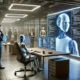 Futuristic control room with programmers at desks, a humanoid robot seated at a workstation, and a large AI display showing a robotic head and code.