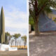 Left: tall green rocket monument in a plaza with trees and a white base; right: blue graffiti mural on a wall showing a yellow figure aiming a gun with white abstract lines.