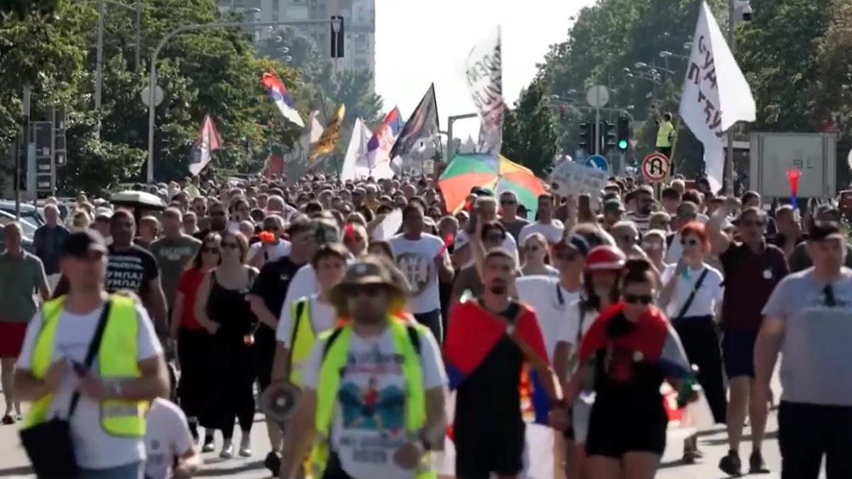 Large crowd of protesters marching down a city street, waving flags and banners under bright daylight.