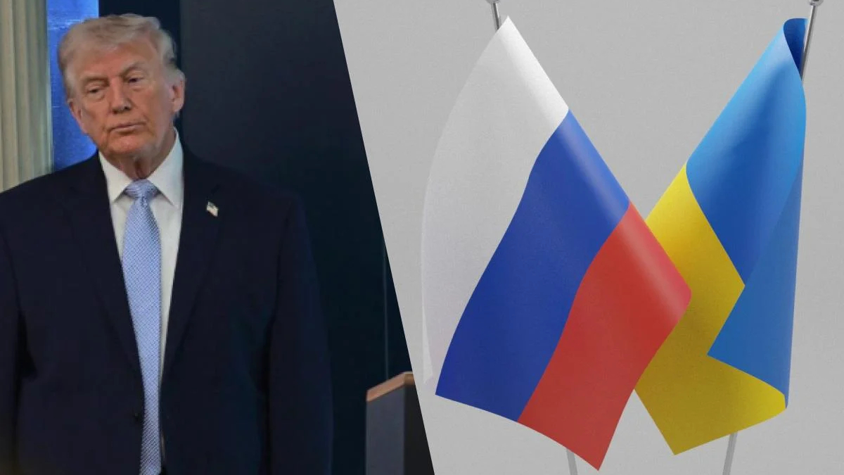 Former President Donald Trump standing indoors beside flags of Russia and Ukraine in a formal setting.