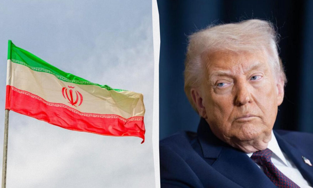 Split image showing Iran's flag on the left and former President Donald Trump on the right.
