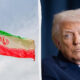 Split image showing Iran's flag on the left and former President Donald Trump on the right.
