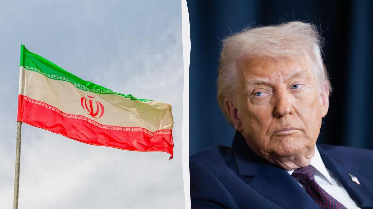 Split image showing Iran's flag on the left and former President Donald Trump on the right.