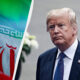 Split image: Iranian flag on the left, and a stern man in a dark suit with a small U.S. flag pin on the right, separated by a diagonal white divider.