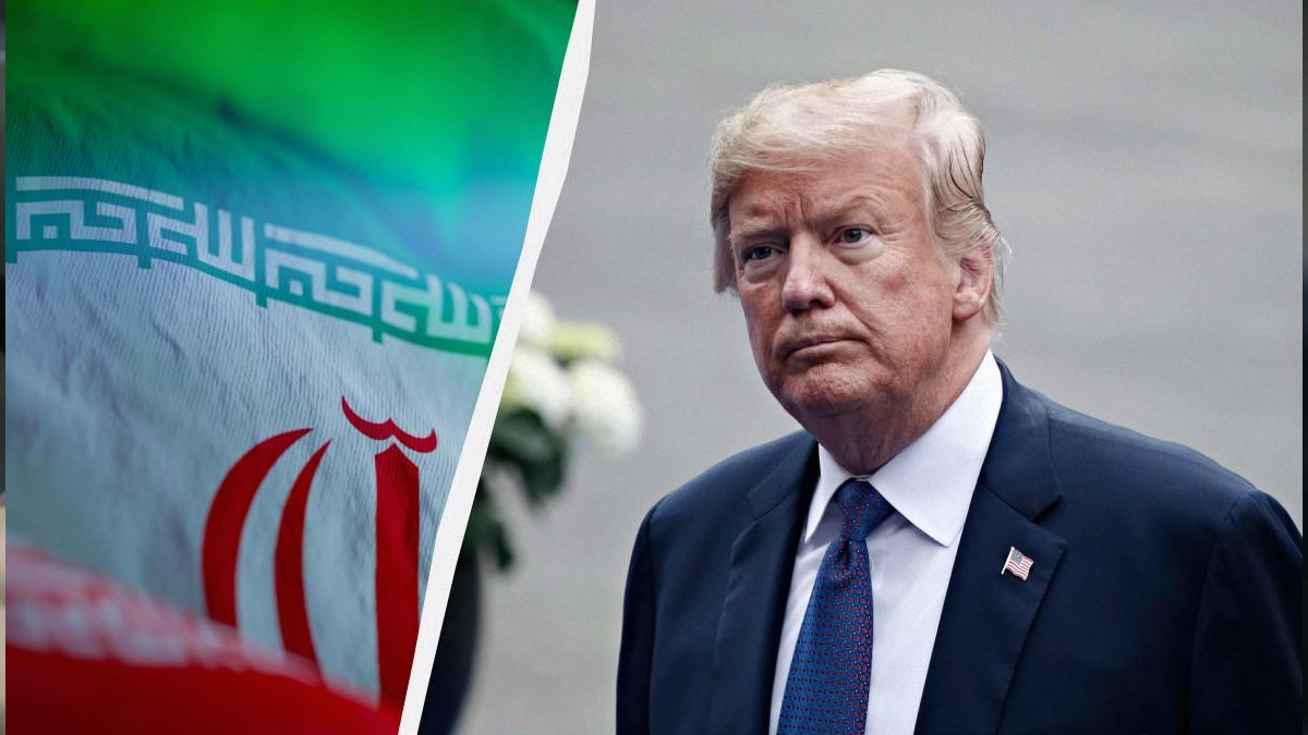 Split image: Iranian flag on the left, and a stern man in a dark suit with a small U.S. flag pin on the right, separated by a diagonal white divider.