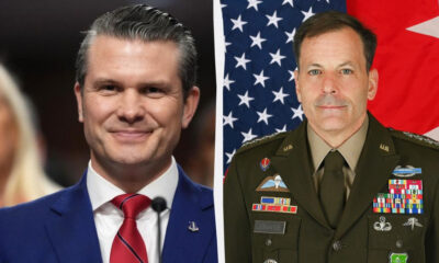 Two men pictured side by side: a smiling man in a blue suit and red tie on the left, and a military officer in dress uniforms with medals on the right, with flags in the background.