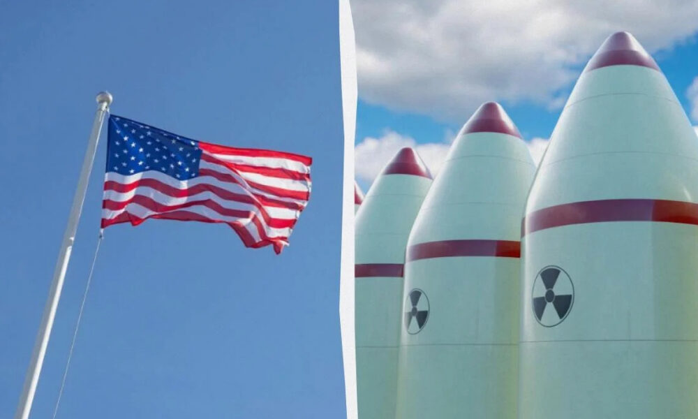 Split scene: left shows an American flag fluttering on a flagpole under a clear blue sky; right shows tall nuclear missiles with red bands and radiation symbols against a cloudy sky.