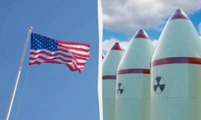 Split scene: left shows an American flag fluttering on a flagpole under a clear blue sky; right shows tall nuclear missiles with red bands and radiation symbols against a cloudy sky.