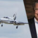 Twin-engine propeller airplane in flight on the left, beside a smiling man in a suit on the right with a diagonal split background.