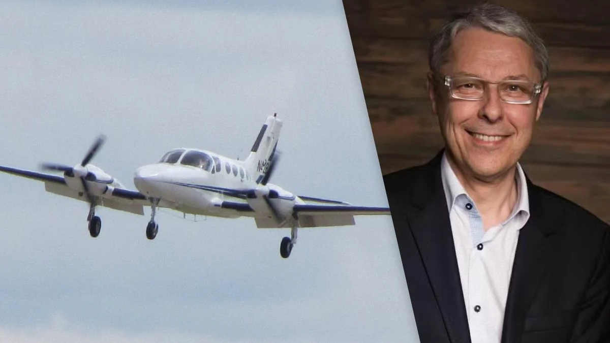 Twin-engine propeller airplane in flight on the left, beside a smiling man in a suit on the right with a diagonal split background.