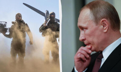 Left: two armed soldiers in tactical gear amid dust and smoke, right: a man in a suit with a contemplative expression.