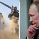 Left: two armed soldiers in tactical gear amid dust and smoke, right: a man in a suit with a contemplative expression.