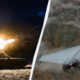 Split image: left shows soldiers firing a vehicle-mounted gun with a bright muzzle flash; right shows a white unmanned aircraft drone in flight.