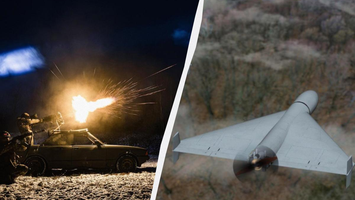 Split image: left shows soldiers firing a vehicle-mounted gun with a bright muzzle flash; right shows a white unmanned aircraft drone in flight.