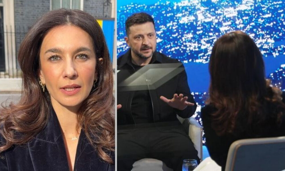 Split image: left side shows a woman with brown hair outdoors, looking into the camera; right side shows a man in black gesturing while speaking to a seated interviewer in a studio with a blue patterned background.