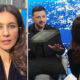Split image: left side shows a woman with brown hair outdoors, looking into the camera; right side shows a man in black gesturing while speaking to a seated interviewer in a studio with a blue patterned background.