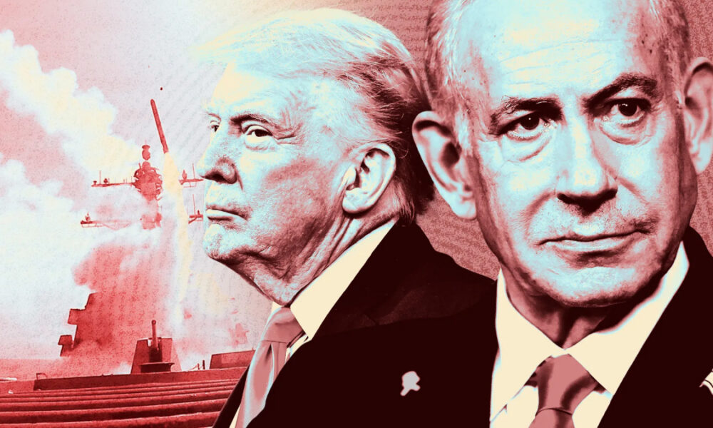 Collage of two stern male world leaders in suits against a red-tinted background with a naval explosion, signaling political tension.