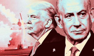 Collage of two stern male world leaders in suits against a red-tinted background with a naval explosion, signaling political tension.