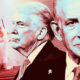 Collage of two stern male world leaders in suits against a red-tinted background with a naval explosion, signaling political tension.