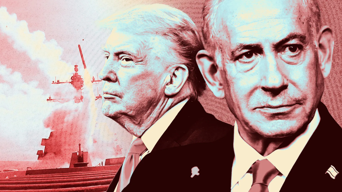Collage of two stern male world leaders in suits against a red-tinted background with a naval explosion, signaling political tension.
