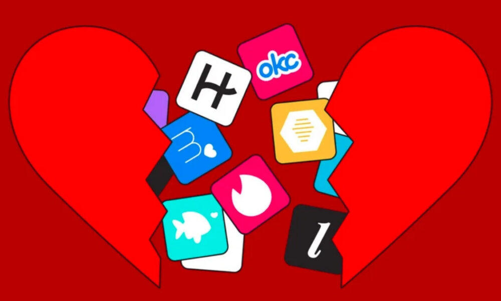 Broken red hearts split apart with colorful dating app icons between the halves, symbolizing heartbreak from online dating.