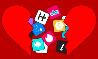 Broken red hearts split apart with colorful dating app icons between the halves, symbolizing heartbreak from online dating.