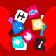 Broken red hearts split apart with colorful dating app icons between the halves, symbolizing heartbreak from online dating.