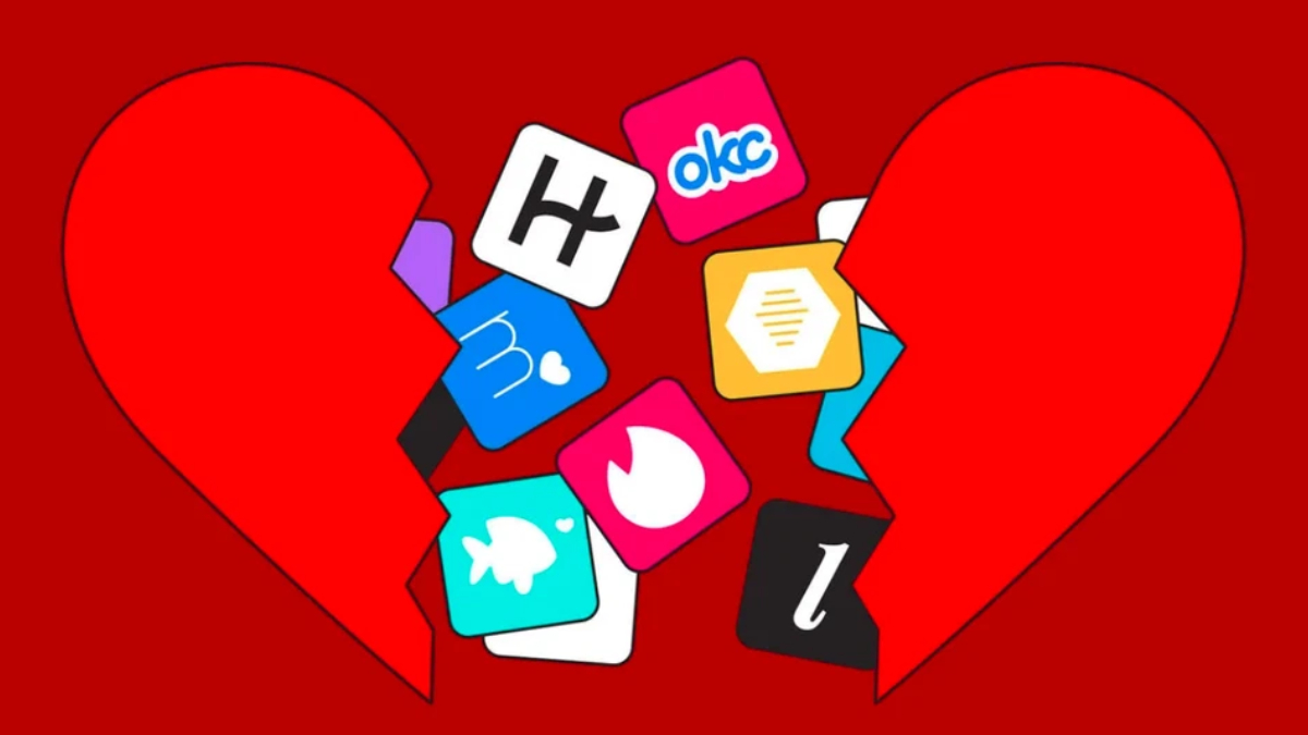 Broken red hearts split apart with colorful dating app icons between the halves, symbolizing heartbreak from online dating.