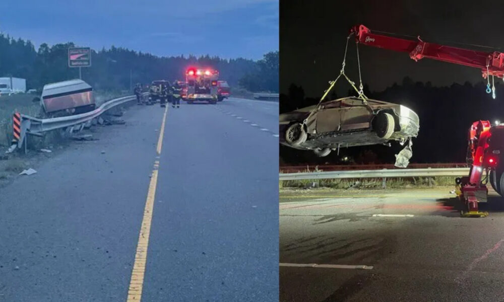Split image of a highway crash: left shows a damaged car by a guardrail with responders; right shows a tow crane lifting a wrecked car at night.