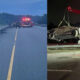 Split image of a highway crash: left shows a damaged car by a guardrail with responders; right shows a tow crane lifting a wrecked car at night.