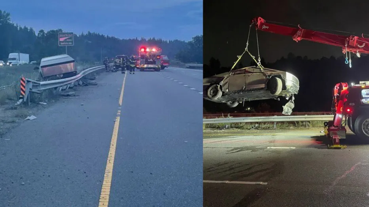 Split image of a highway crash: left shows a damaged car by a guardrail with responders; right shows a tow crane lifting a wrecked car at night.