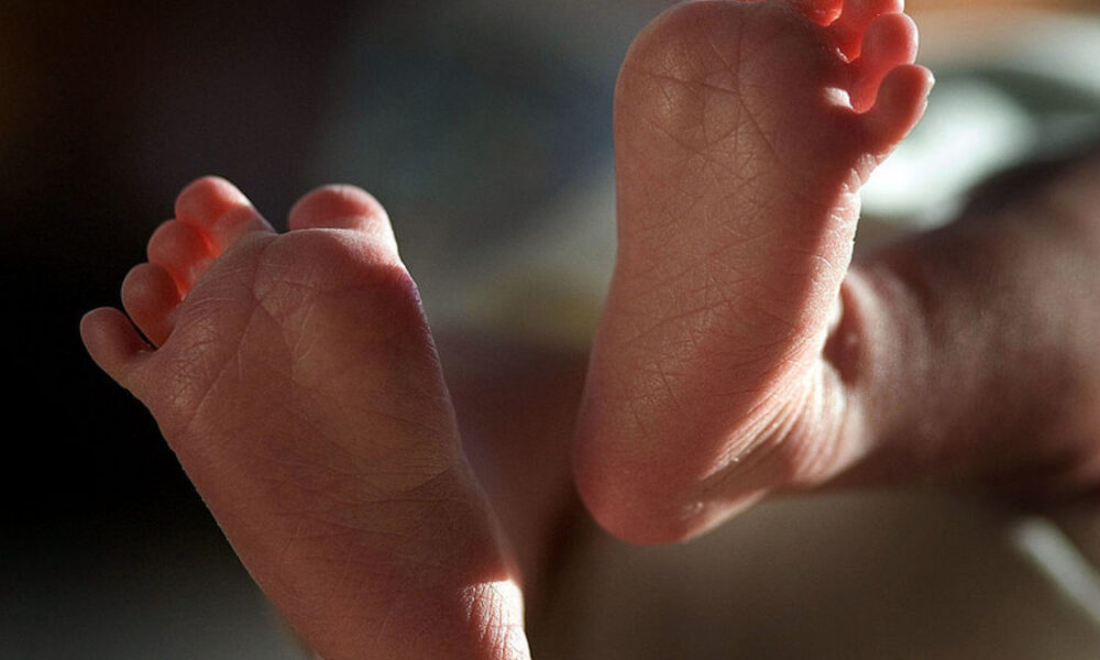 Close-up of a newborn baby's tiny feet resting together.