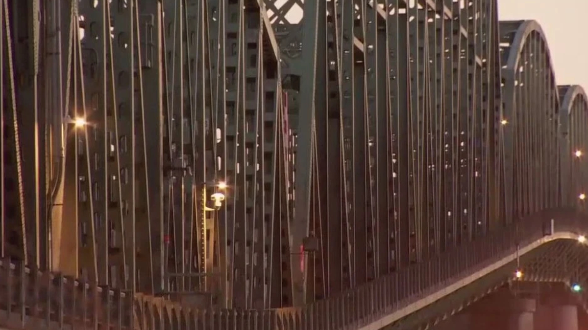 Long metal arch bridge with vertical suspender cables, illuminated streetlights along the deck at dusk.