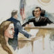 A courtroom sketch showing a judge at the bench, a defendant seated, and several people seated or standing nearby in a court setting.