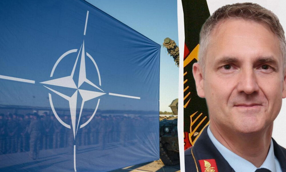 Split image: NATO flag on the left and a portrait of a uniformed military officer on the right.