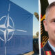 Split image: NATO flag on the left and a portrait of a uniformed military officer on the right.