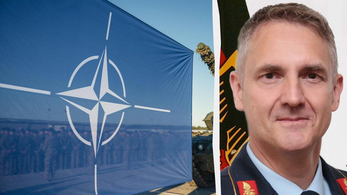 Split image: NATO flag on the left and a portrait of a uniformed military officer on the right.