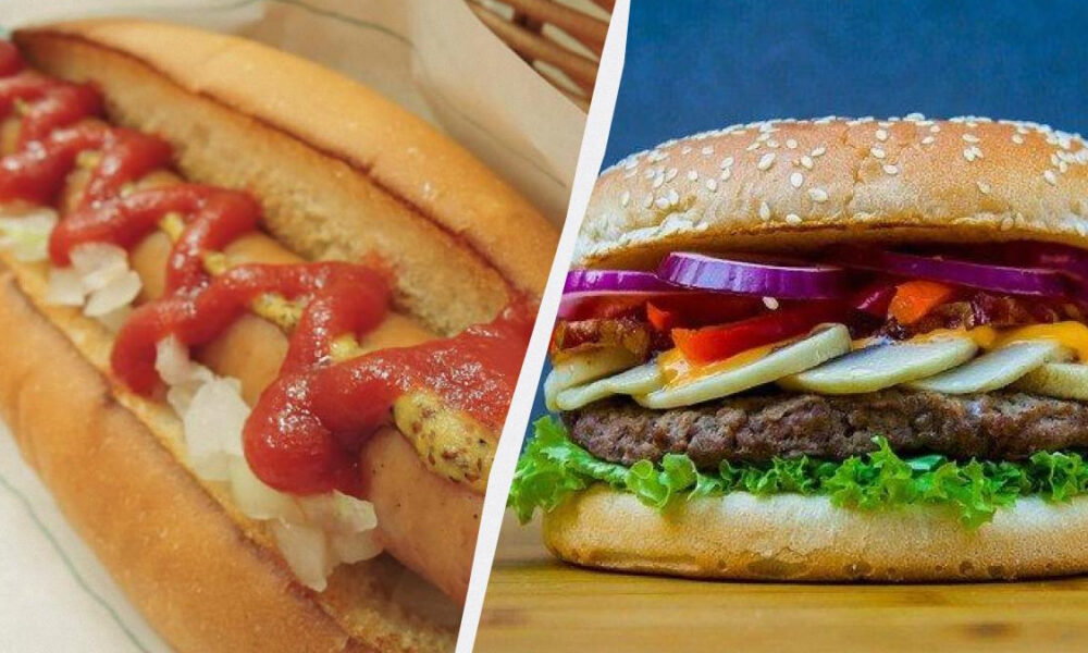 Split image showing a hot dog with onions and ketchup in a bun on the left and a loaded cheeseburger with lettuce, pickles, onions, tomato, cheese, and a beef patty on the right.