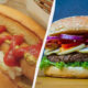 Split image showing a hot dog with onions and ketchup in a bun on the left and a loaded cheeseburger with lettuce, pickles, onions, tomato, cheese, and a beef patty on the right.