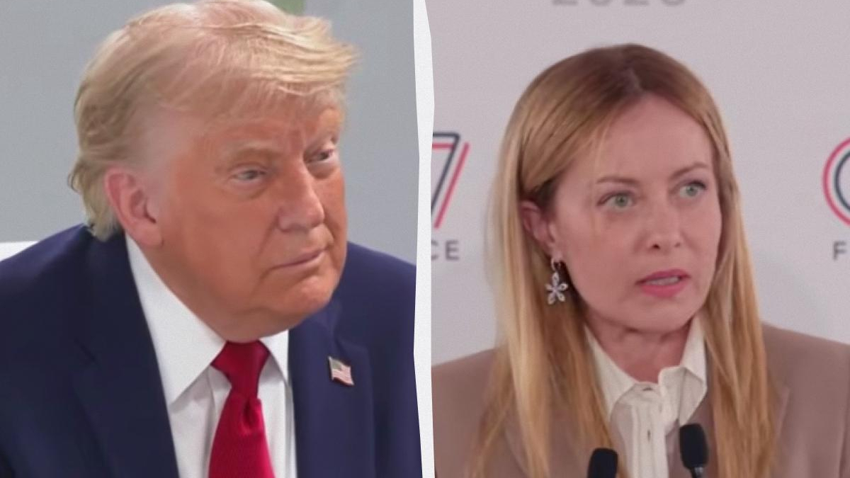 Split-screen image: left side a man in a dark suit with a red tie, right side a woman speaking at a microphone.