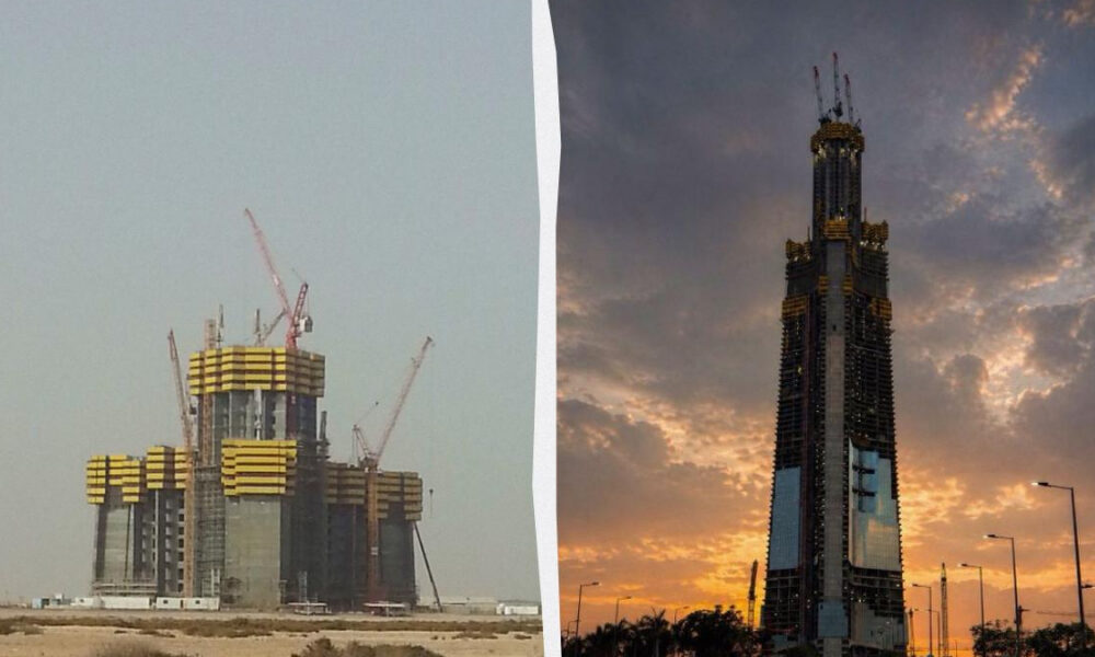 Left: under-construction building with cranes in a barren desert; right: tall, partially completed skyscraper against a sunset sky, with construction cranes at the top.