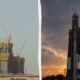 Left: under-construction building with cranes in a barren desert; right: tall, partially completed skyscraper against a sunset sky, with construction cranes at the top.