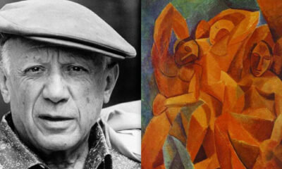 Side-by-side image: left a grayscale portrait of an older man wearing a flat cap; right an orange cubist painting of abstract seated figures.